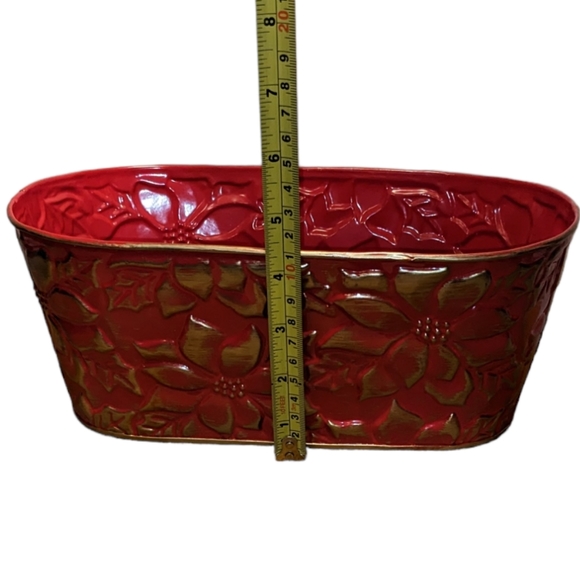 Burton & Burton Red & Gold Metal Holiday Christmas Floral Tin Planter Se… - Picture 12 of 14